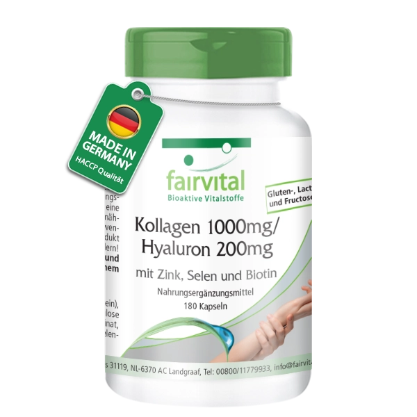 Kollagen 1000mg / Hyaluron 200mg - 180 Kapseln - mit Zink; Selen; Biotin uvm.  - für Haut; Haare; Nägel uvm. | Fairvital